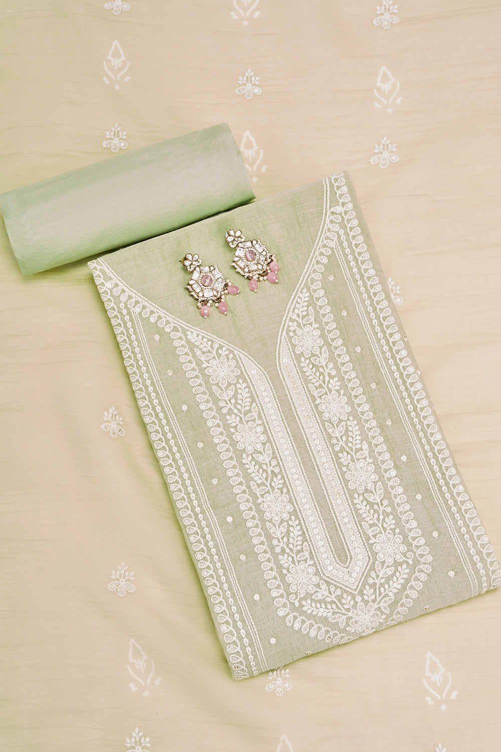 Pistachio Green Resham Embroidered Unstitched Suit Set