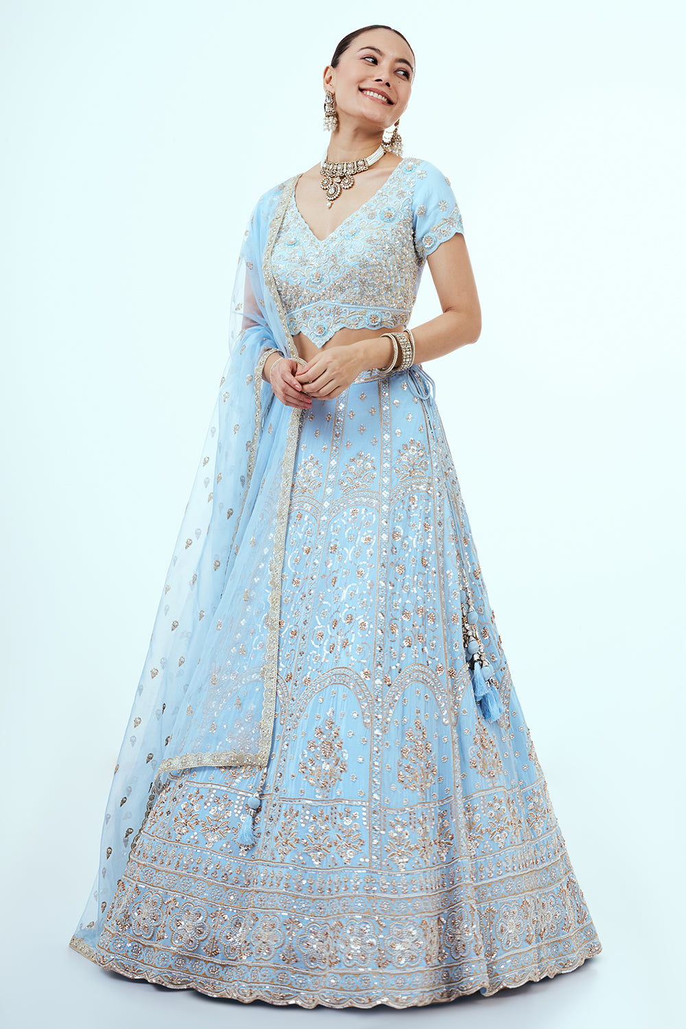 Powder Blue Crepe Lehenga with Zari Embroidery