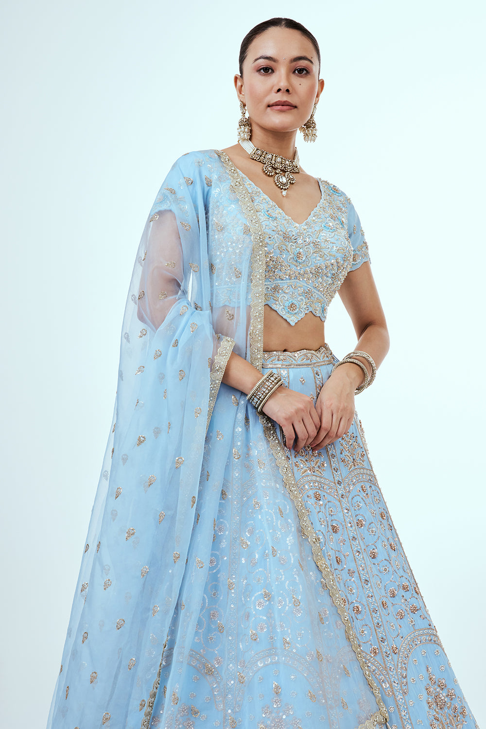 Powder Blue Crepe Lehenga with Zari Embroidery