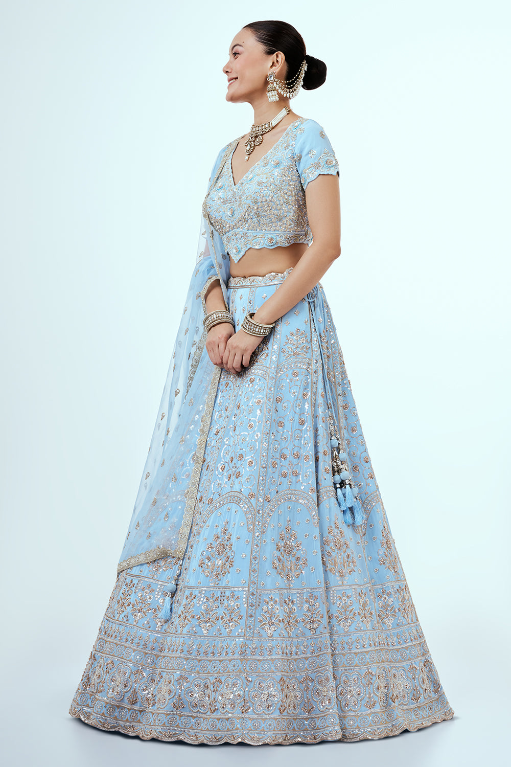 Powder Blue Crepe Lehenga with Zari Embroidery