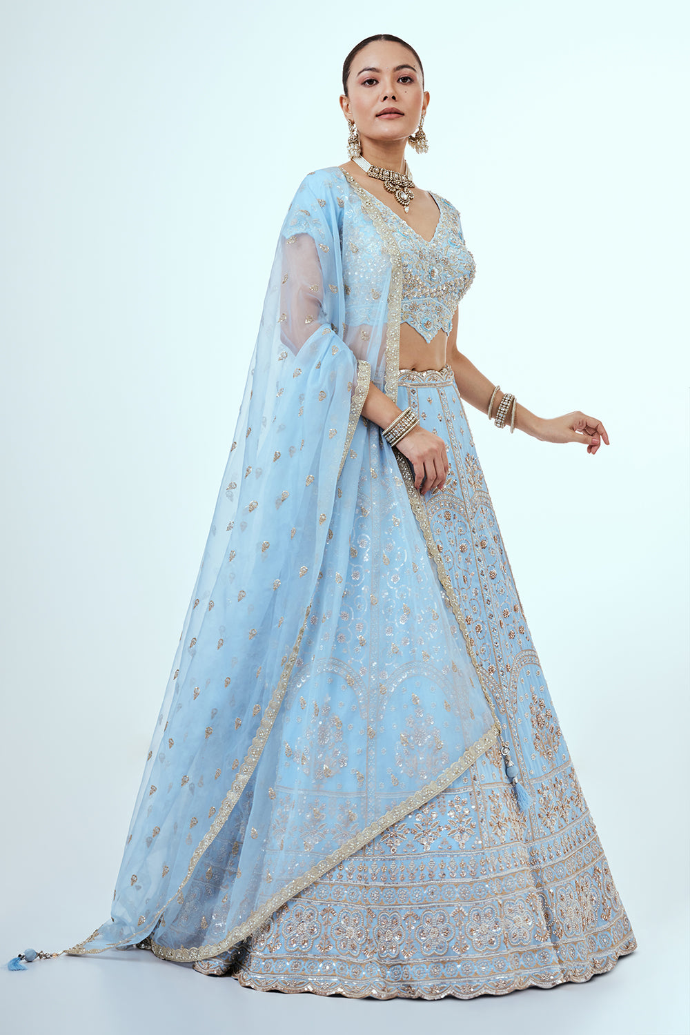 Powder Blue Crepe Lehenga with Zari Embroidery