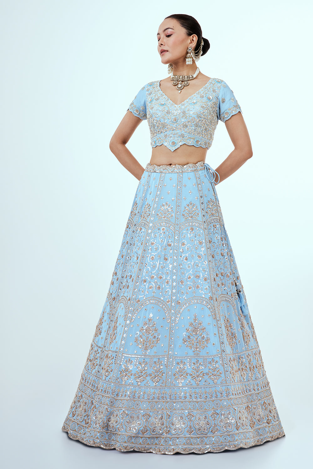 Powder Blue Crepe Lehenga with Zari Embroidery