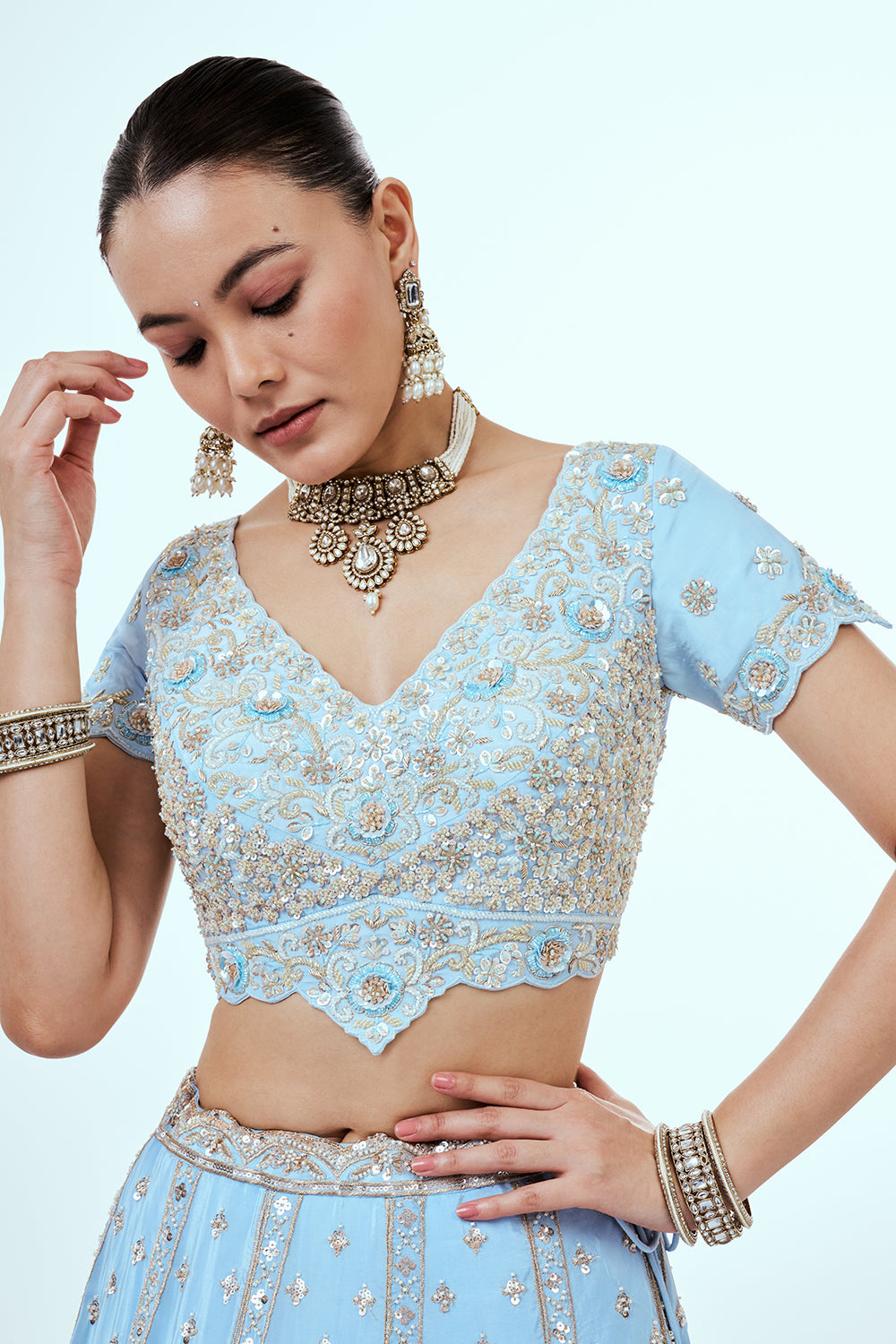 Powder Blue Crepe Lehenga with Zari Embroidery