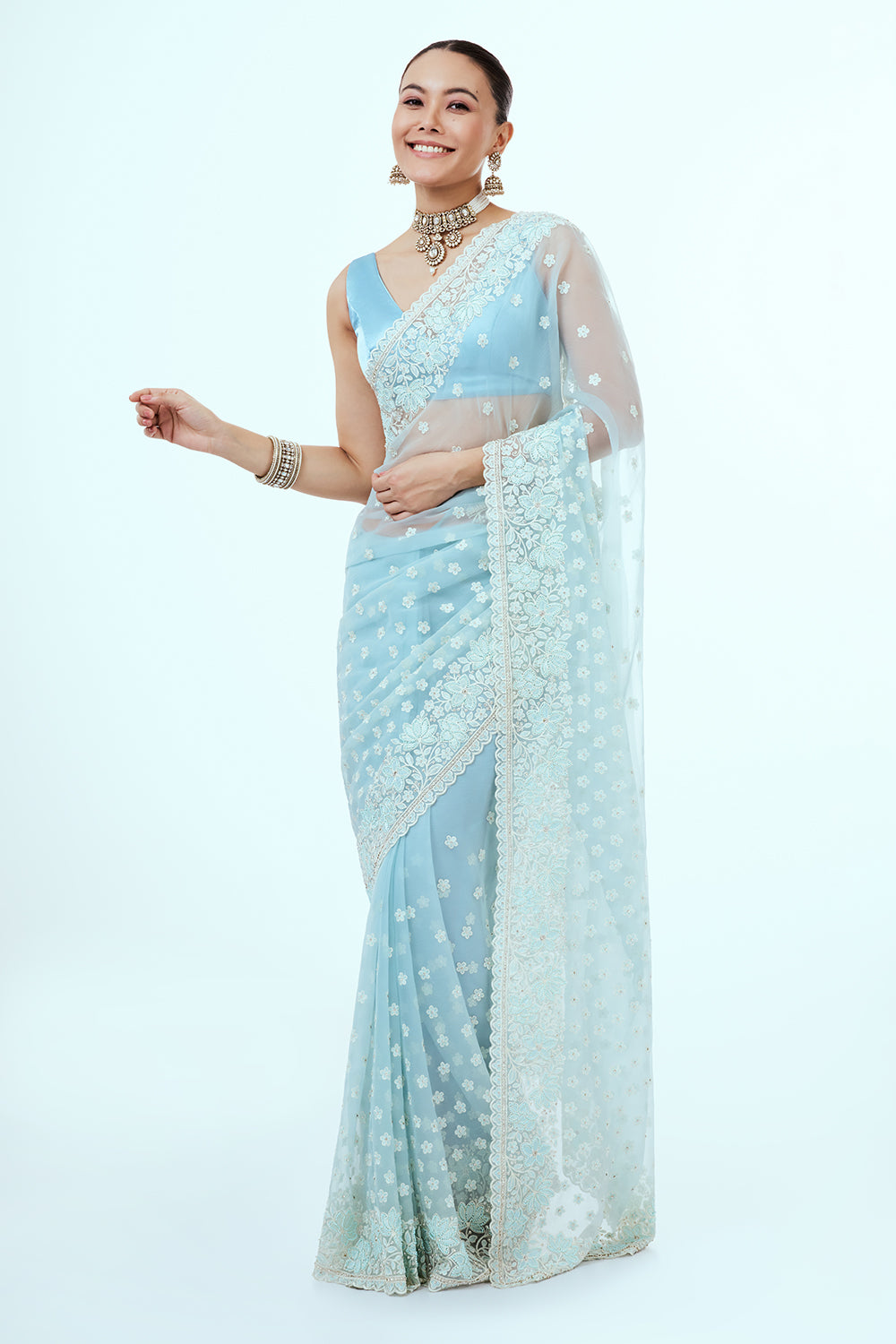 Powder Blue Glass Tissue Saree with Resham Embroidery