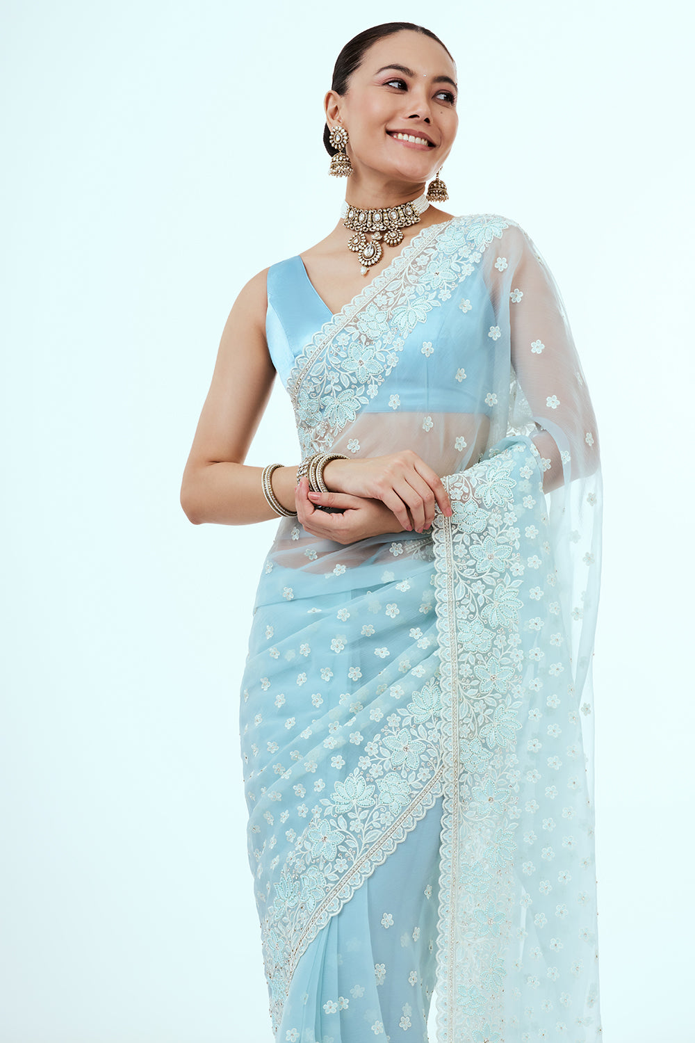 Powder Blue Glass Tissue Saree with Resham Embroidery