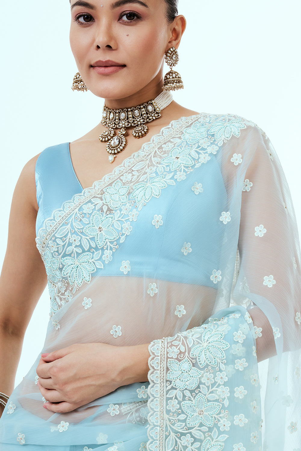 Powder Blue Glass Tissue Saree with Resham Embroidery