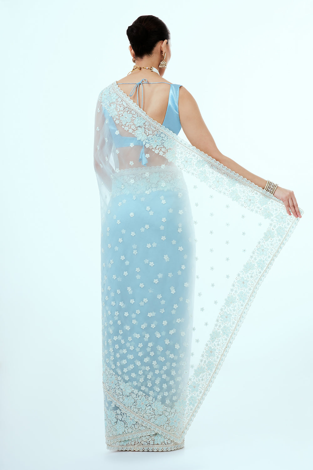 Powder Blue Glass Tissue Saree with Resham Embroidery