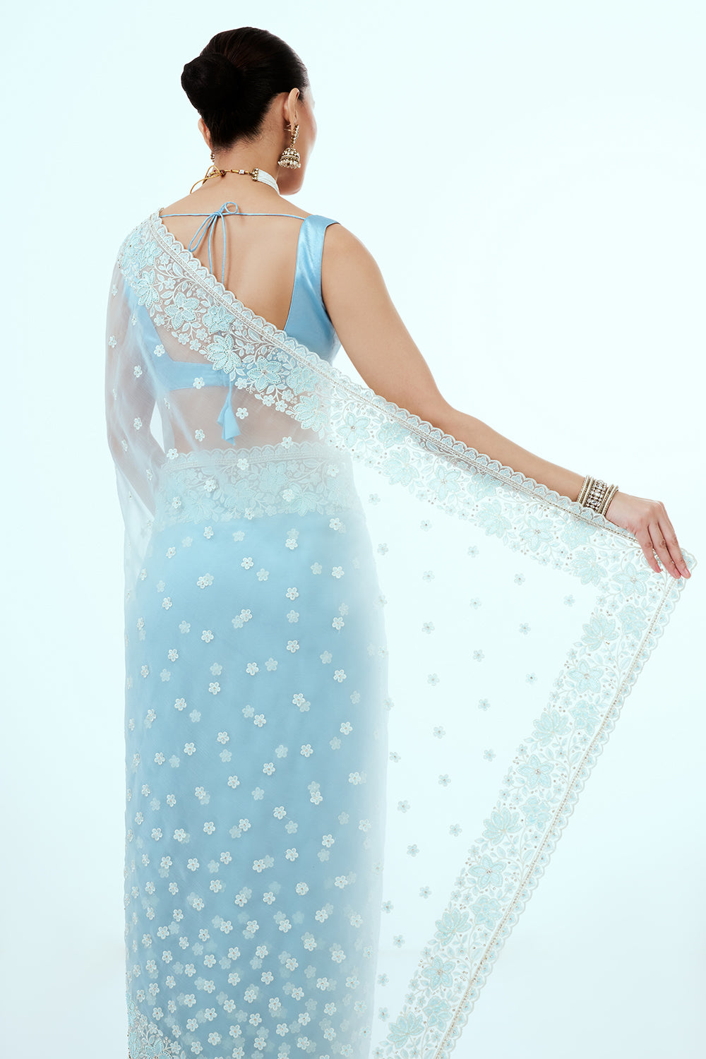 Powder Blue Glass Tissue Saree with Resham Embroidery