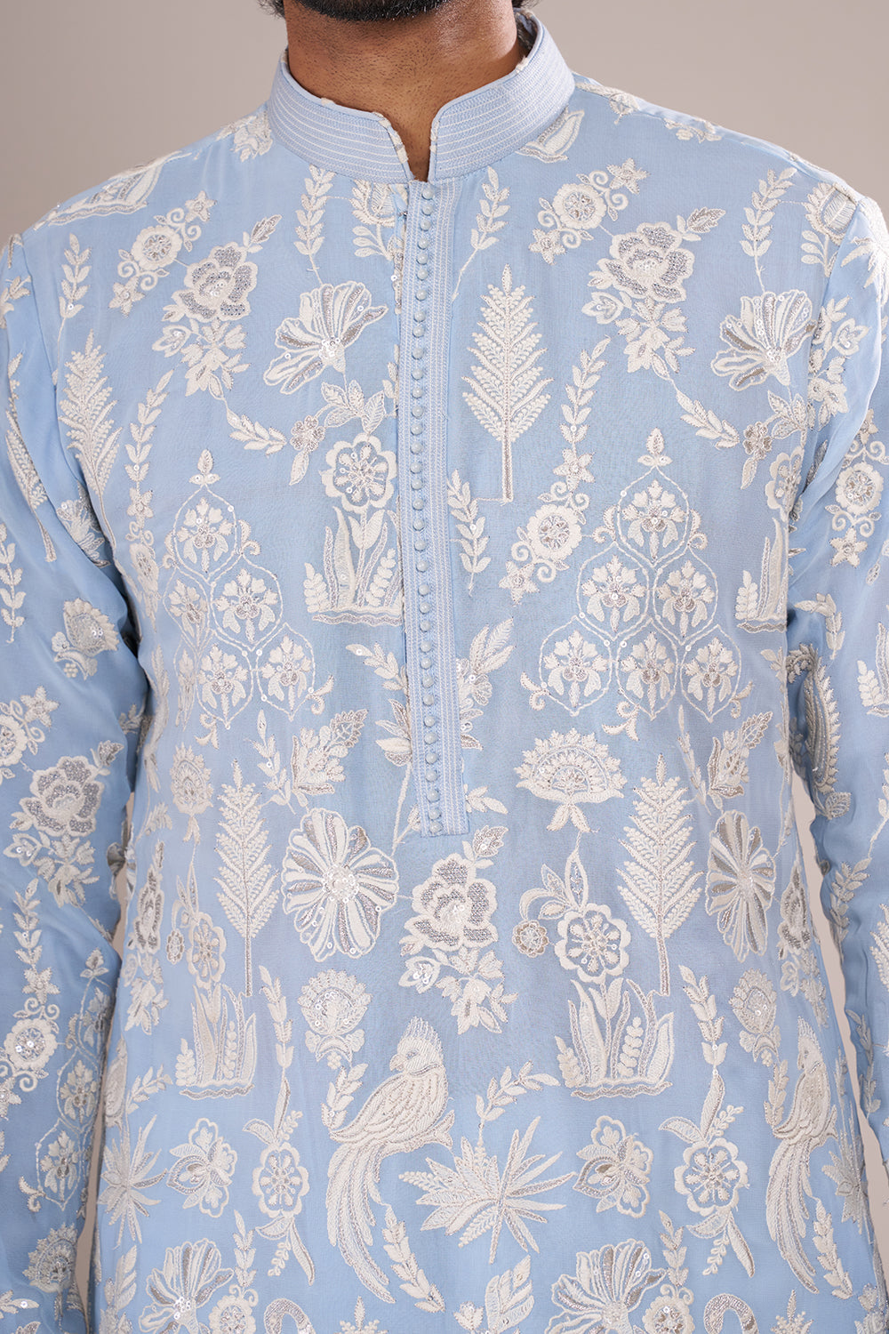 Powder Blue Men's Embroidered Silk Blend Kurta Set