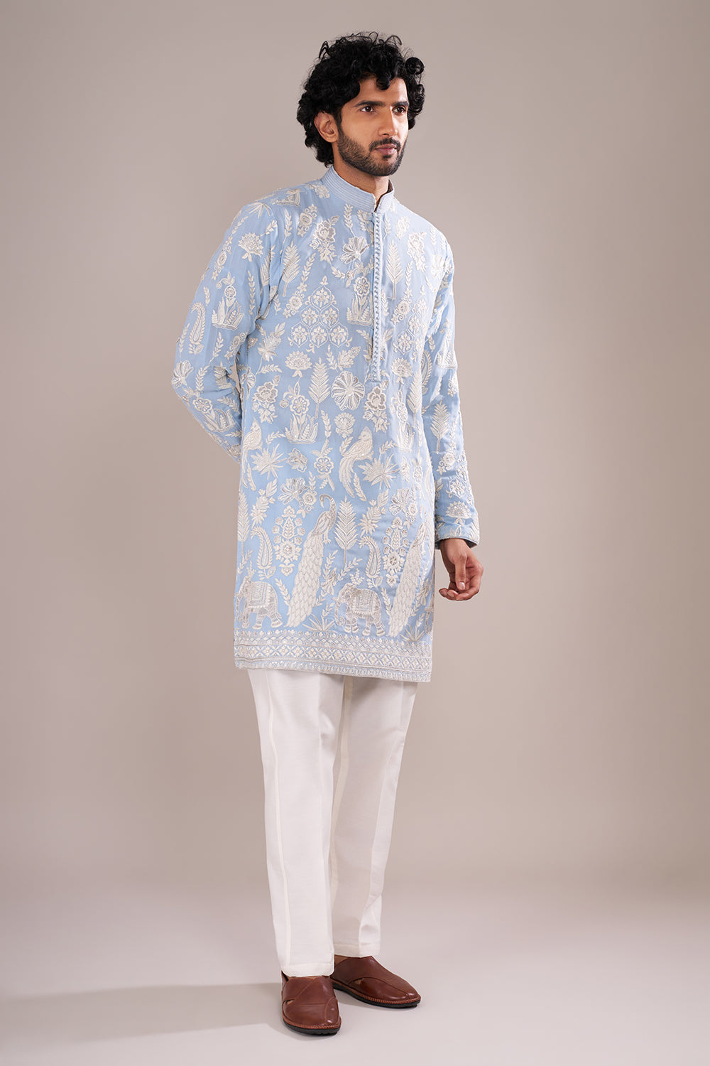 Powder Blue Men's Embroidered Silk Blend Kurta Set