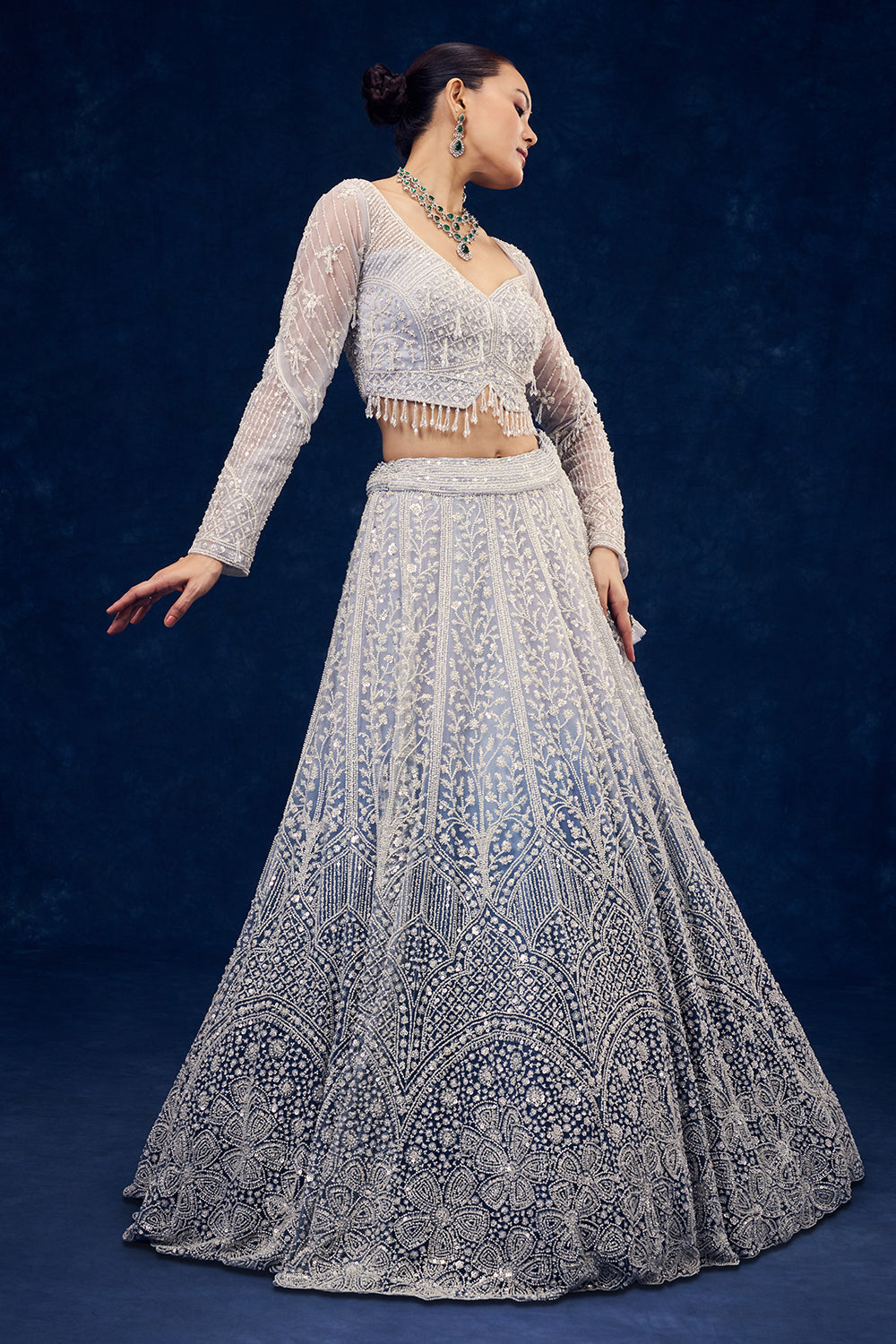 Powder Blue Ombre Net Lehenga with Sequins Hand Work