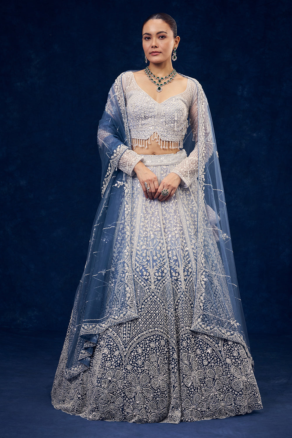 Powder Blue Ombre Net Lehenga with Sequins Hand Work