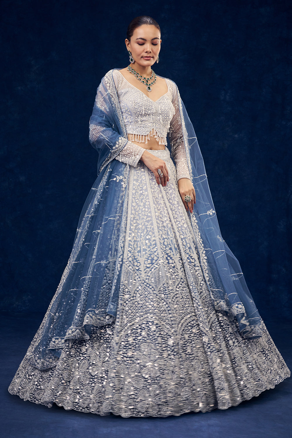 Powder Blue Ombre Net Lehenga with Sequins Hand Work