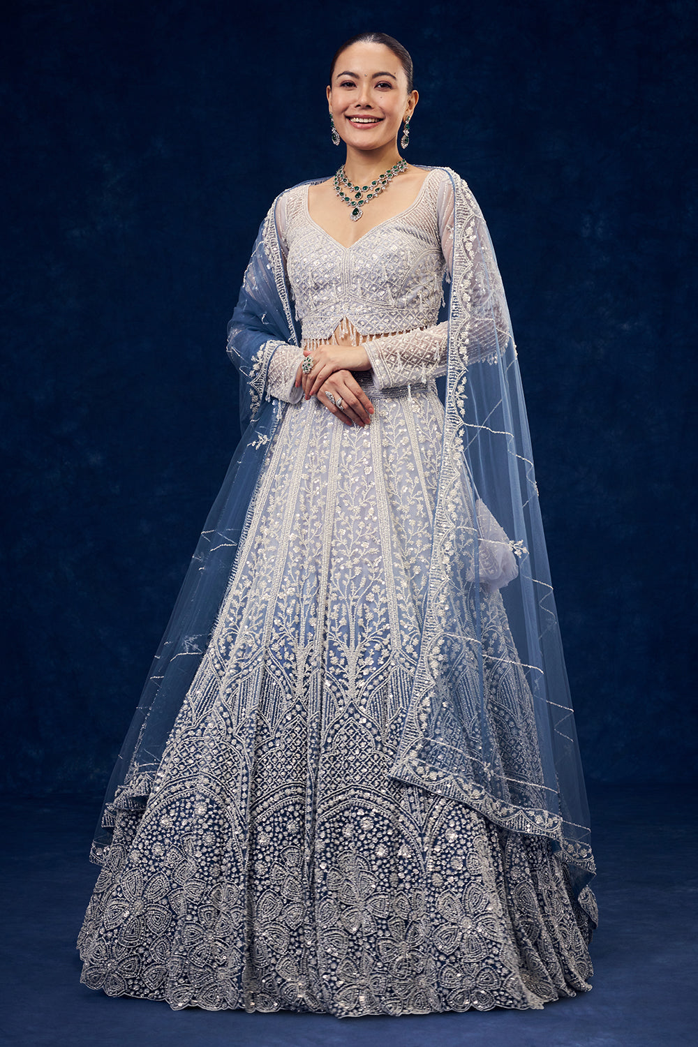Powder Blue Ombre Net Lehenga with Sequins Hand Work
