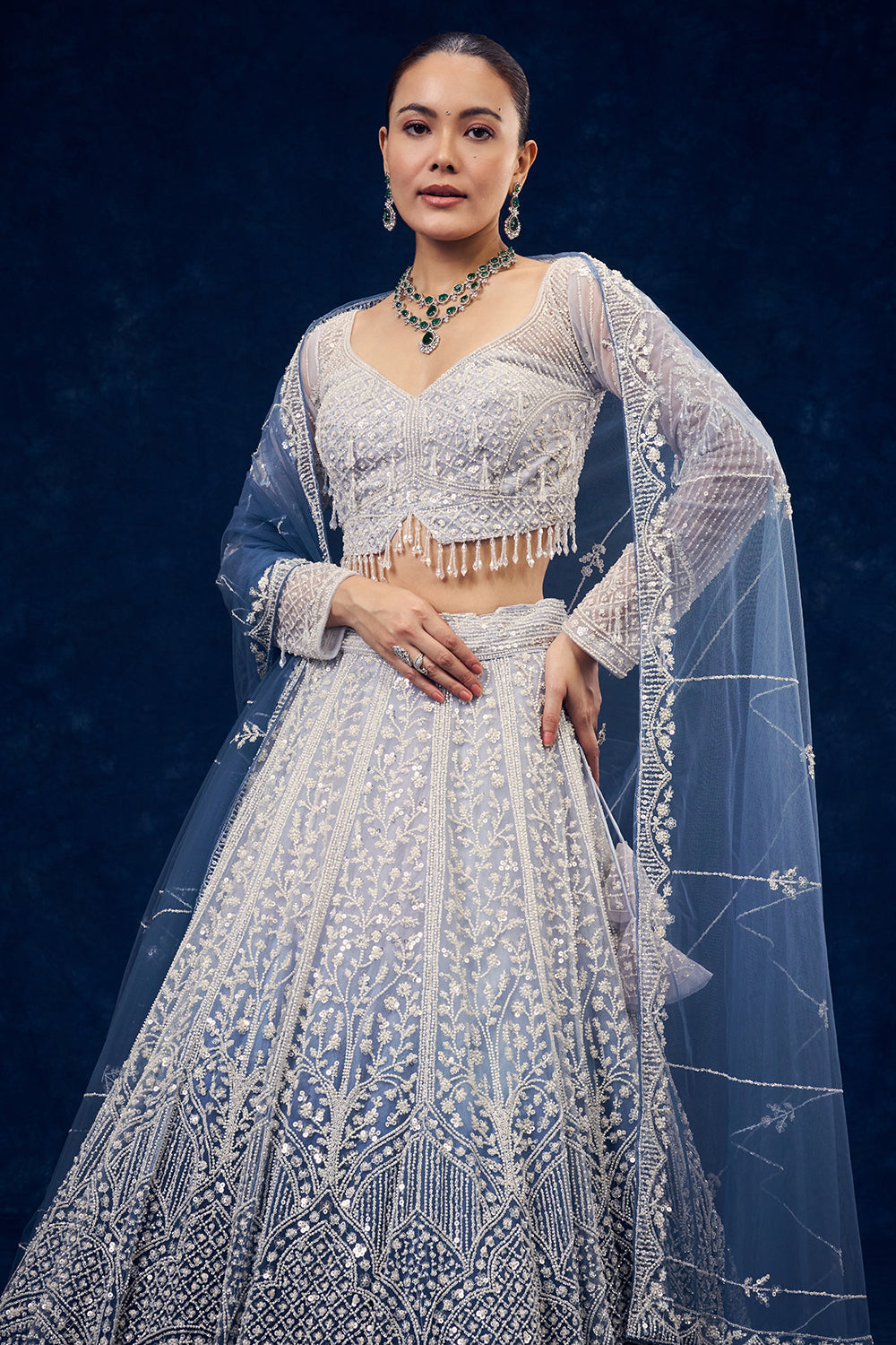 Powder Blue Ombre Net Lehenga with Sequins Hand Work