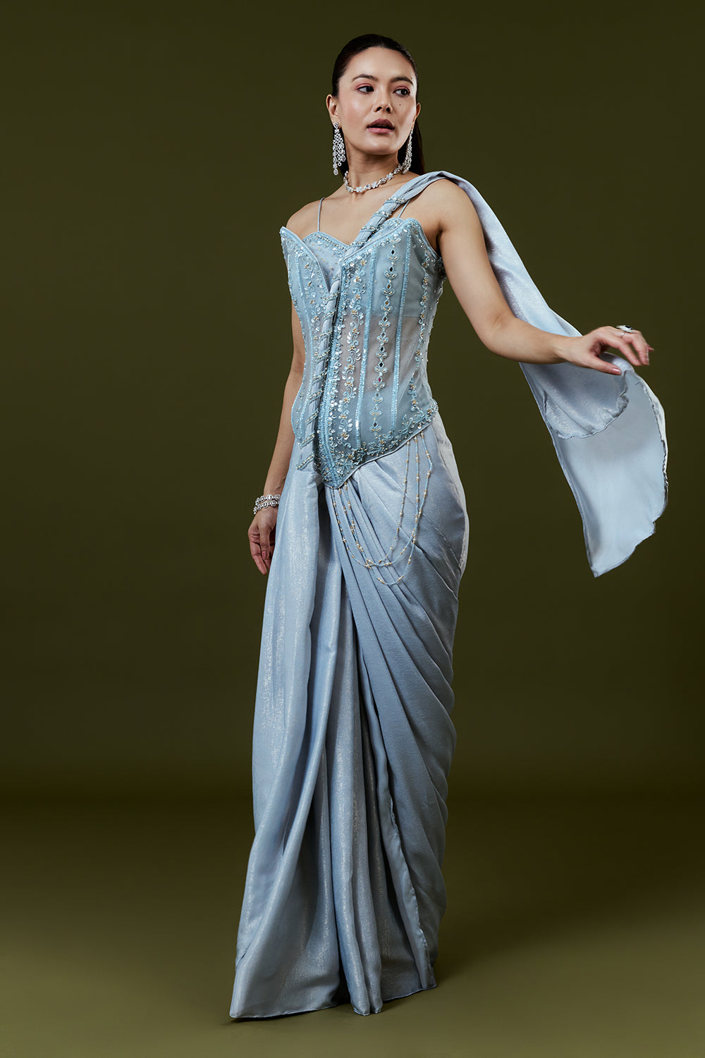 Powder Blue Shimmer Satin Indo Western Set with Mirror and Sequin Work