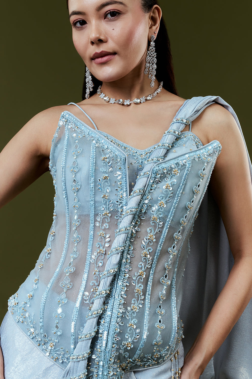 Powder Blue Shimmer Satin Indo Western Set with Mirror and Sequin Work