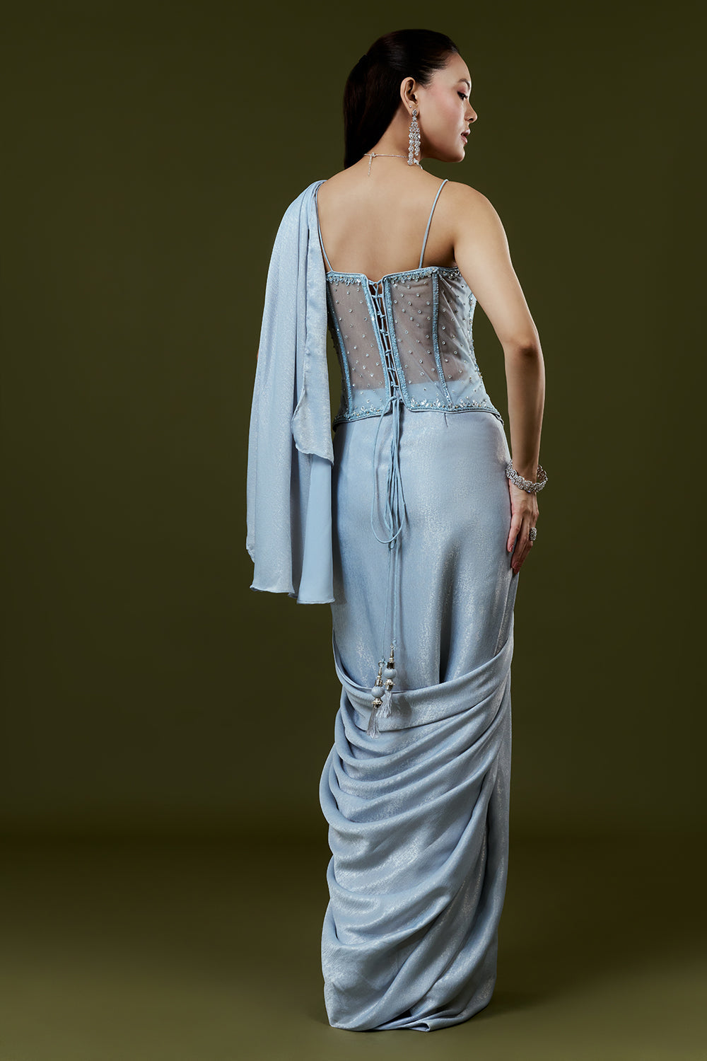 Powder Blue Shimmer Satin Indo Western Set with Mirror and Sequin Work