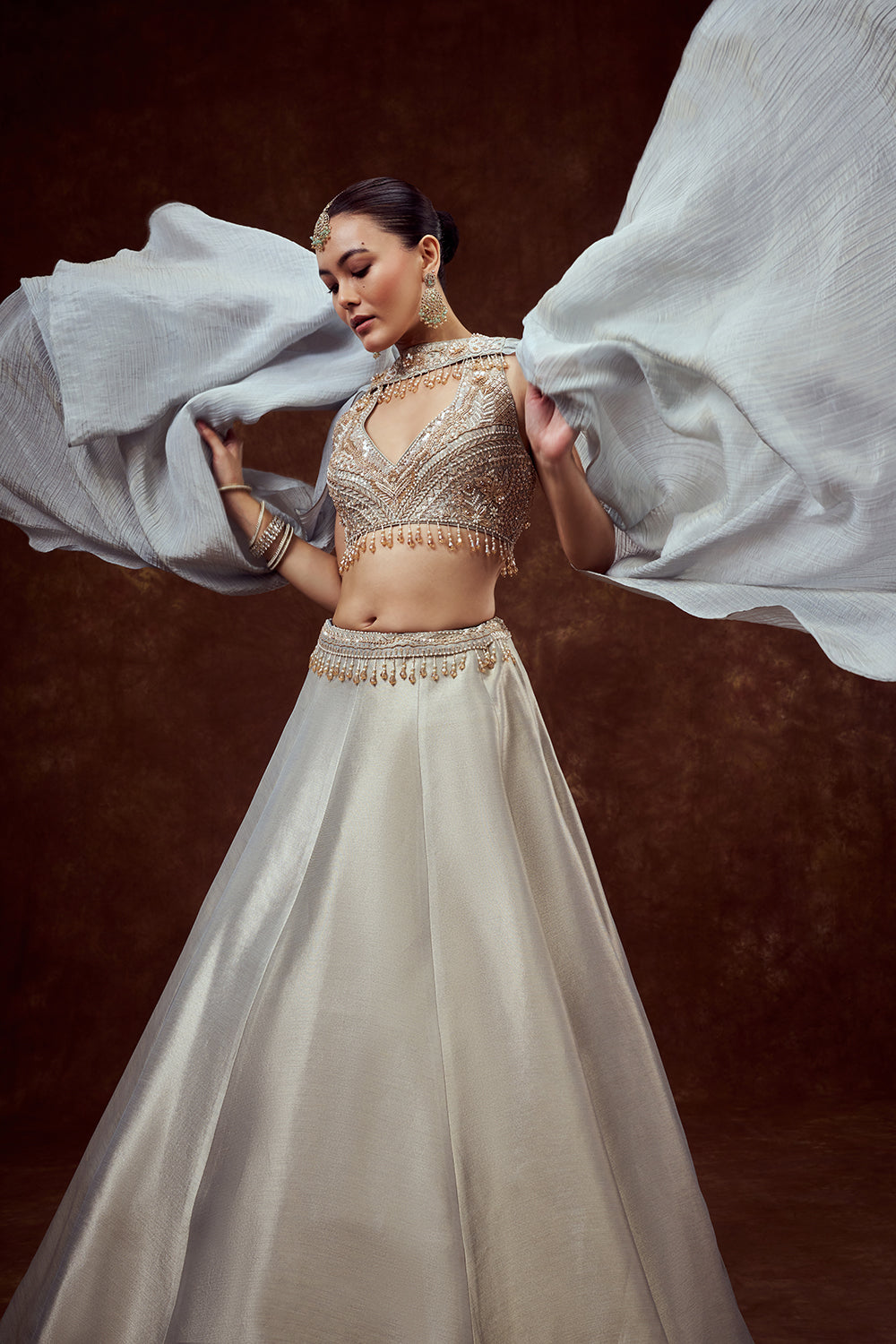 Powder Blue Shimmer Tissue Bridesmaid Lehenga with Crystal Stones work