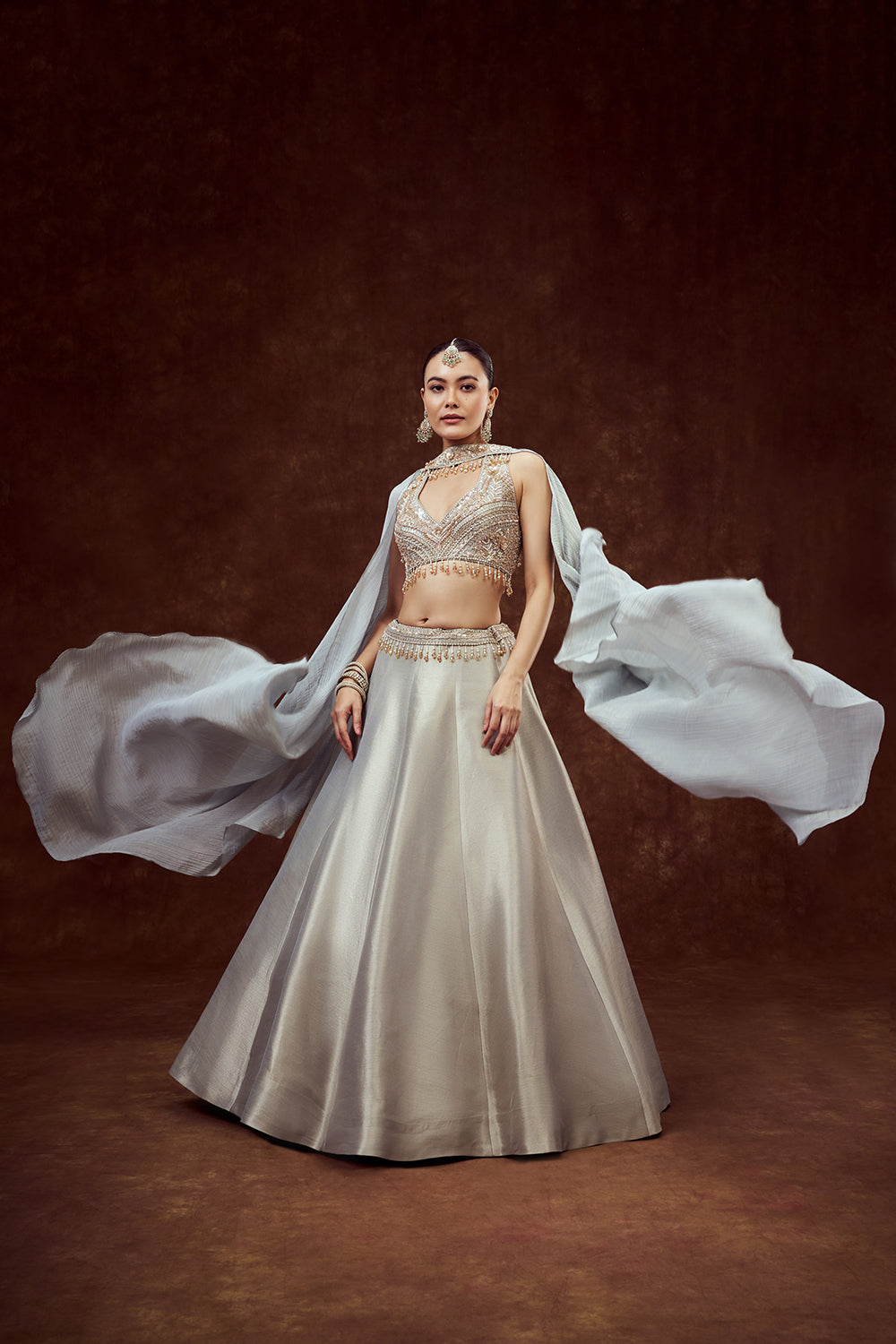 Powder Blue Shimmer Tissue Bridesmaid Lehenga with Crystal Stones work