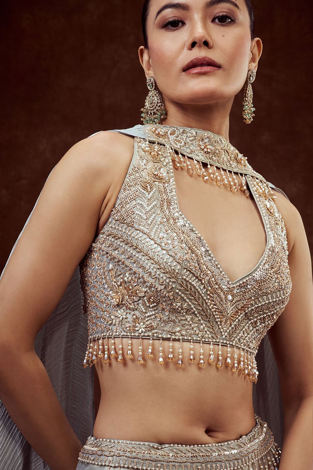 Powder Blue Shimmer Tissue Bridesmaid Lehenga with Crystal Stones work