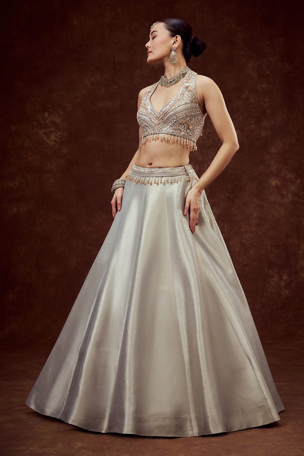 Powder Blue Shimmer Tissue Bridesmaid Lehenga with Crystal Stones work