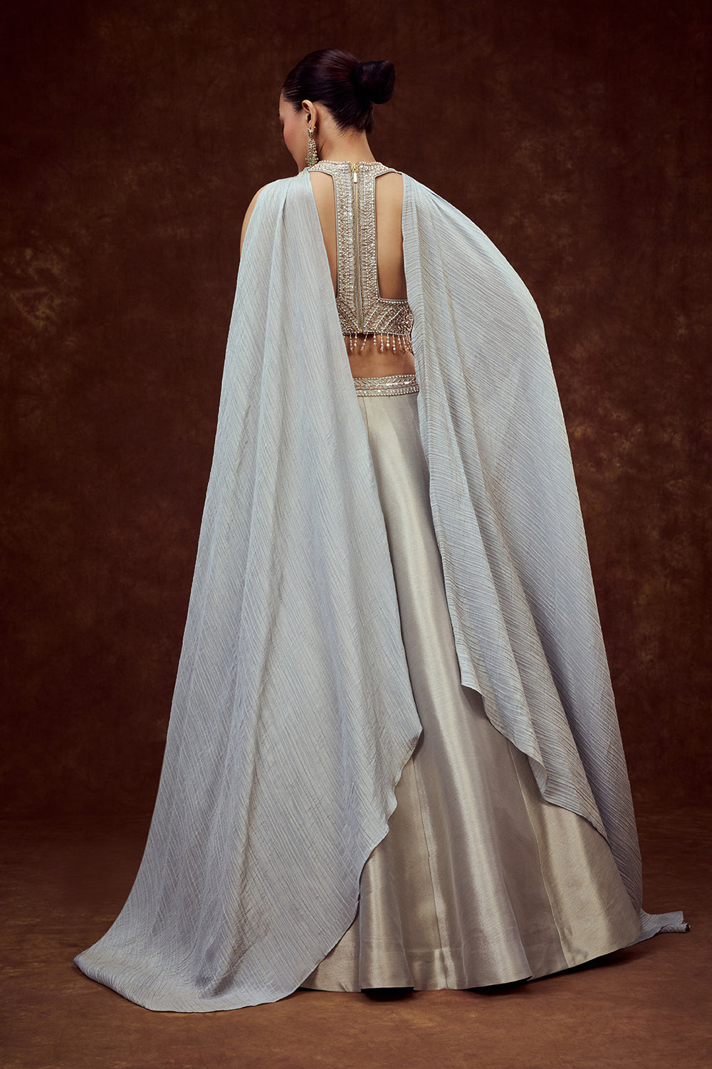 Powder Blue Shimmer Tissue Bridesmaid Lehenga with Crystal Stones work