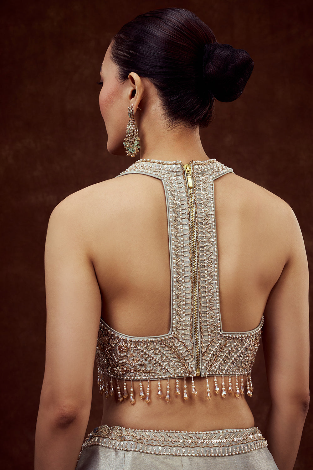 Powder Blue Shimmer Tissue Bridesmaid Lehenga with Crystal Stones work