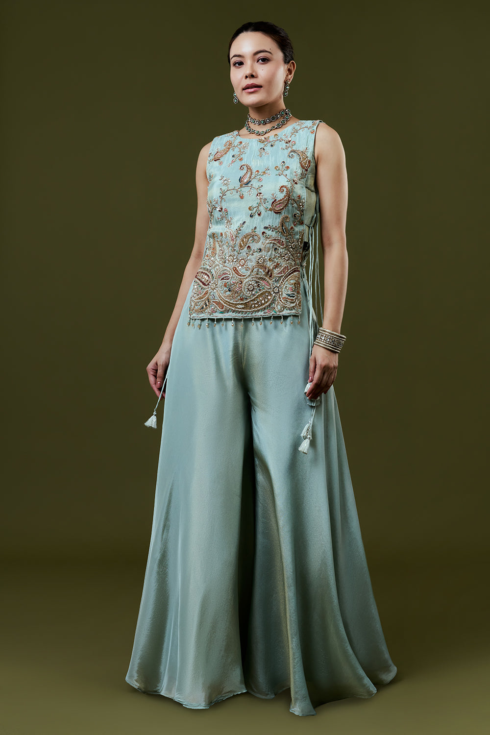 Powder Blue Tissue Palazzo Set With Resham and Cutdana Work