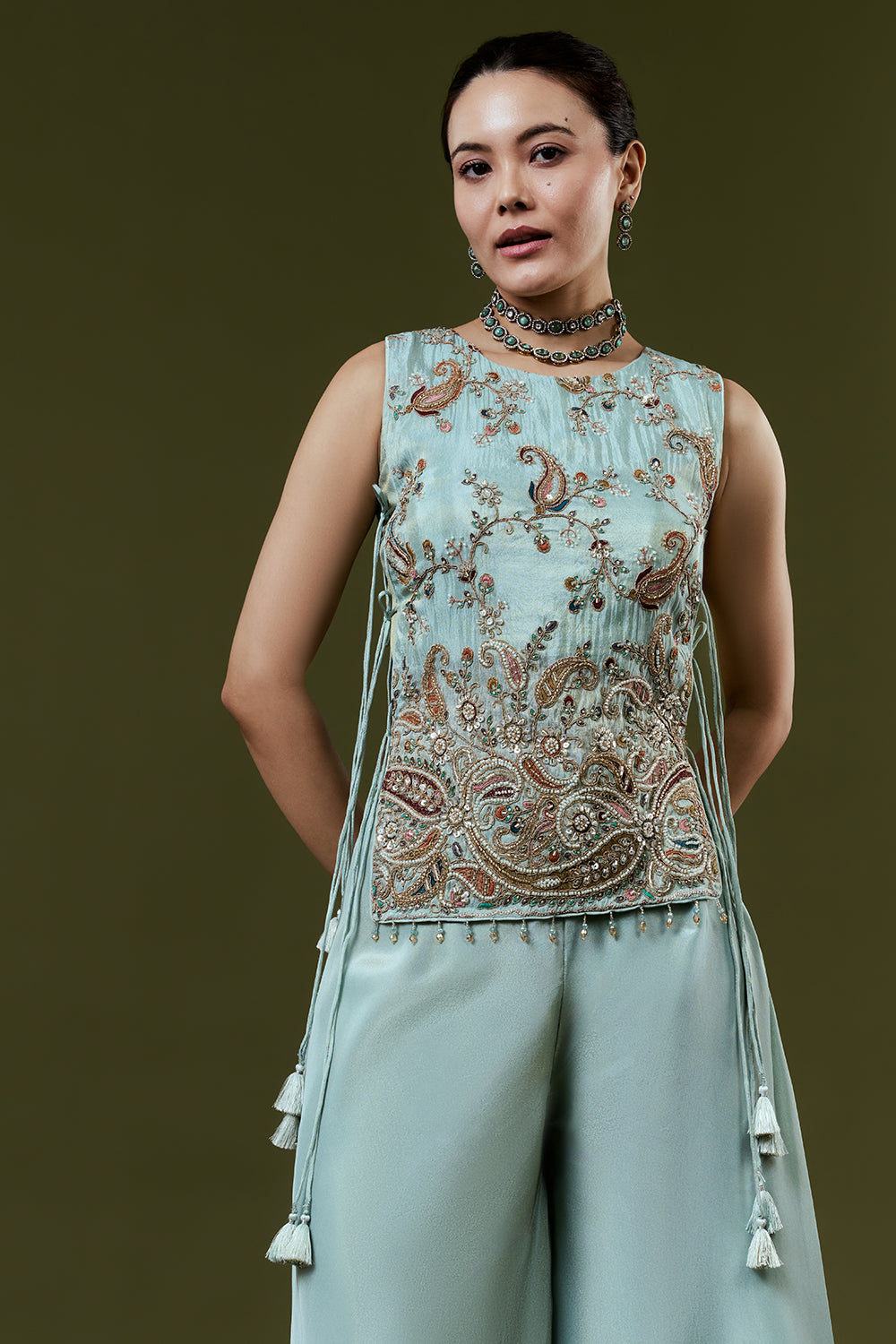 Powder Blue Tissue Palazzo Set With Resham and Cutdana Work