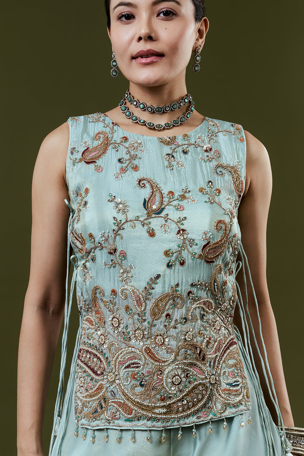 Powder Blue Tissue Palazzo Set With Resham and Cutdana Work
