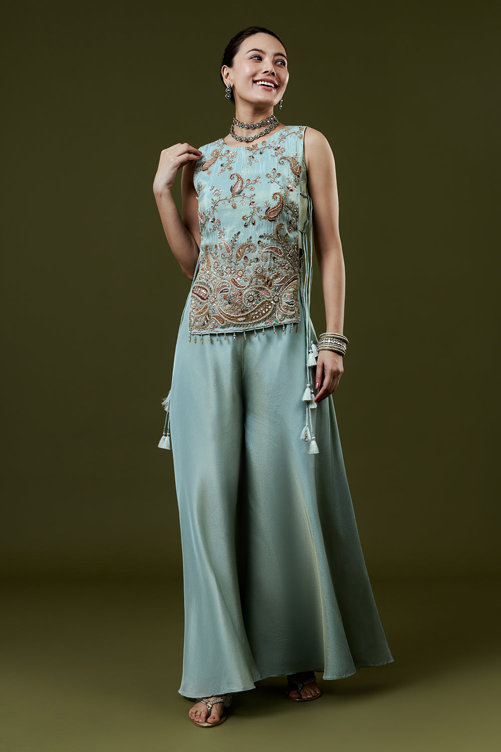 Powder Blue Tissue Palazzo Set With Resham and Cutdana Work