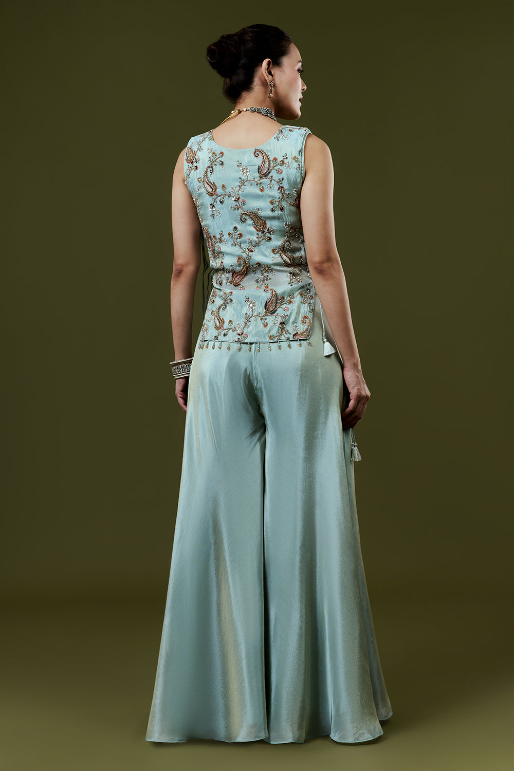 Powder Blue Tissue Palazzo Set With Resham and Cutdana Work