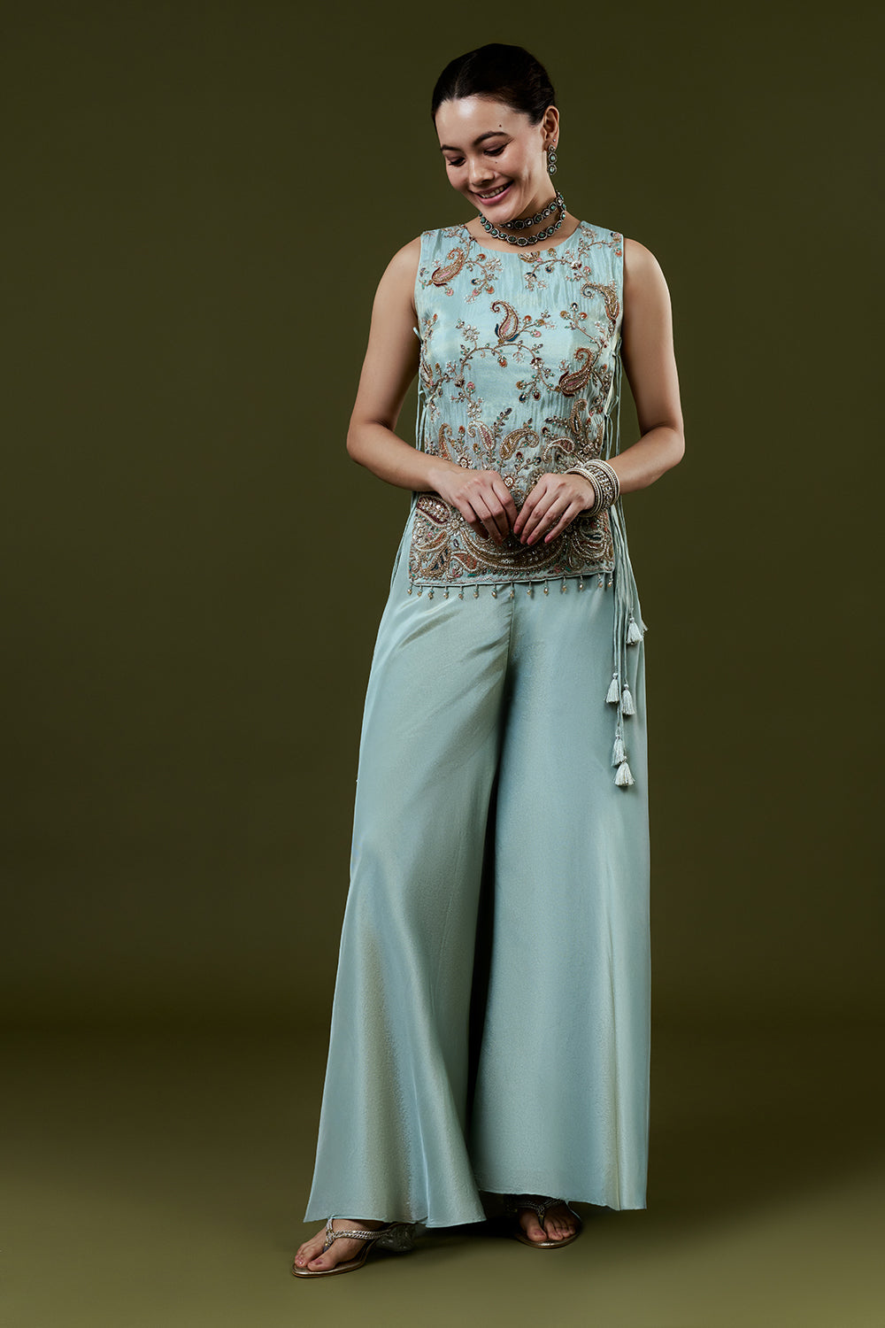 Powder Blue Tissue Palazzo Set With Resham and Cutdana Work