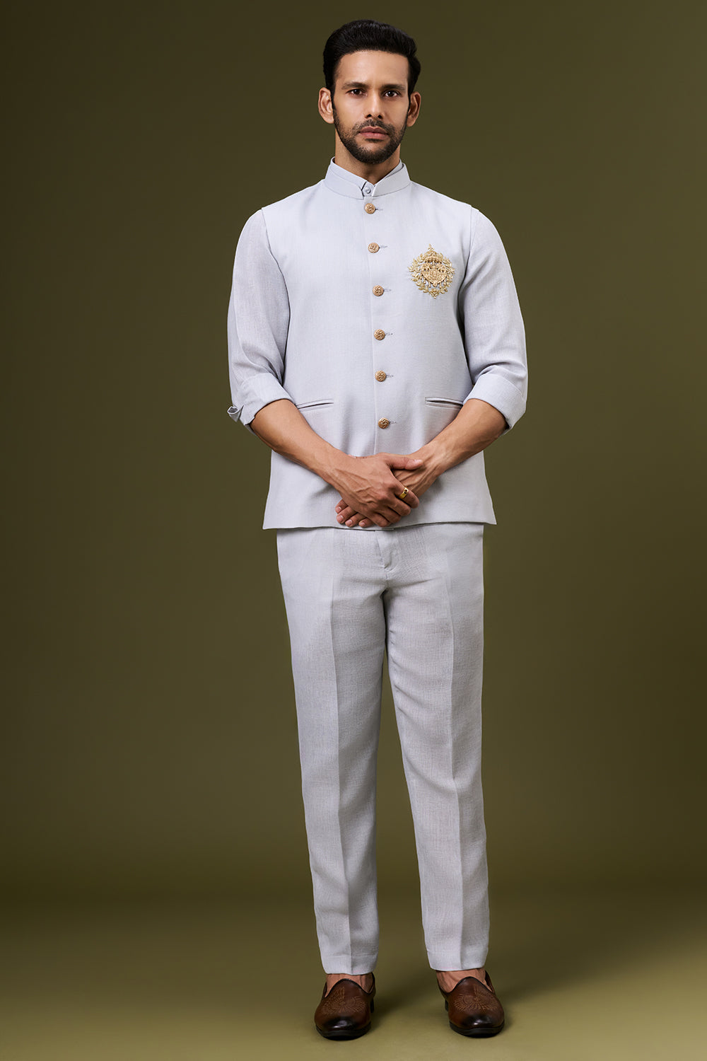 Powder Grey Linen Bundi Set with Zardosi and Cut Dana Motif