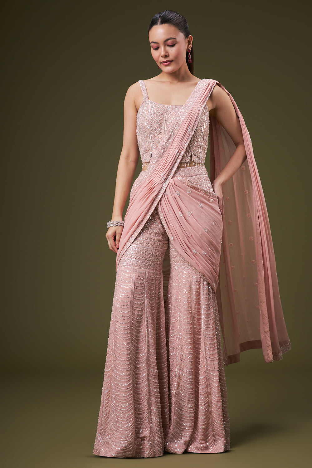 Powder Pink Georgette Crop Top Sharara Suit with Sequin Work