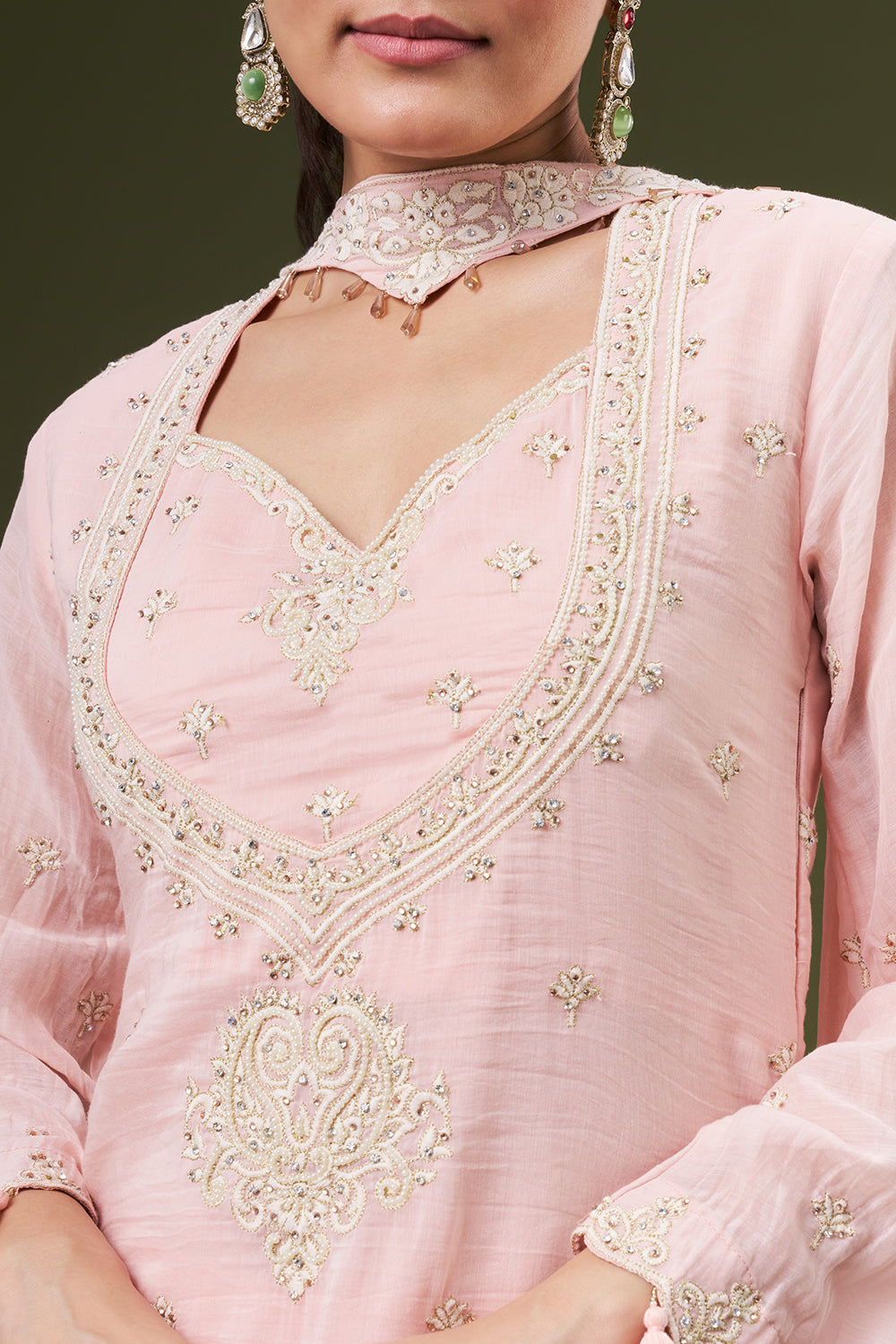 Powder Pink Mul Cotton Palazzo Suit with Thread and Pearl Work