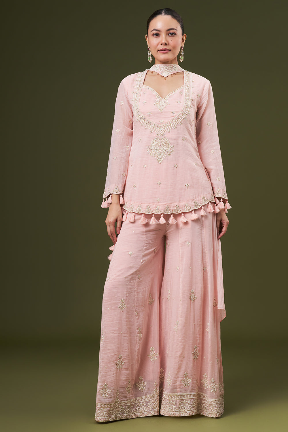 Powder Pink Mul Cotton Palazzo Suit with Thread and Pearl Work