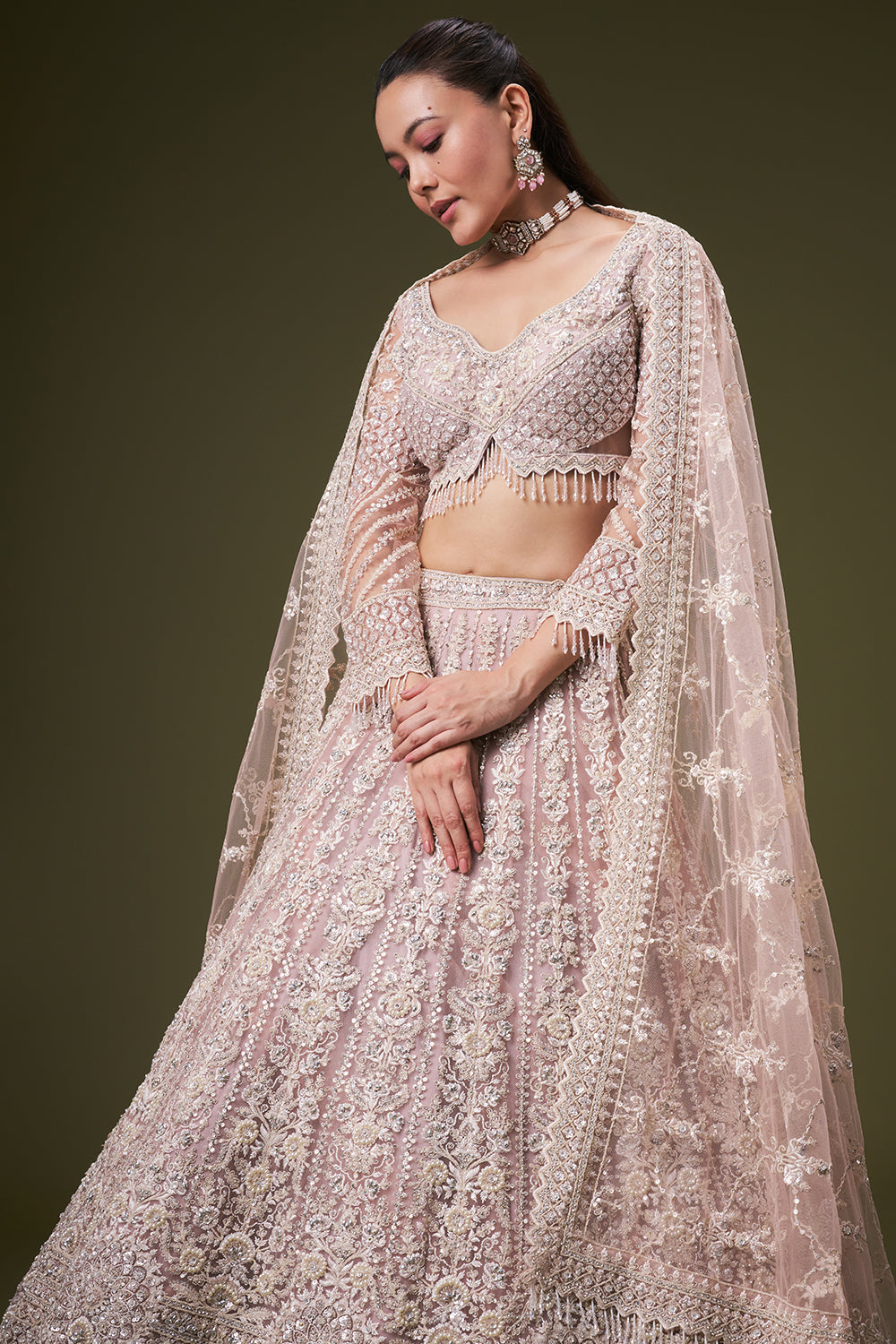 Powder Pink Tissue Bridesmaid Lehenga with Sequin and Resham Work