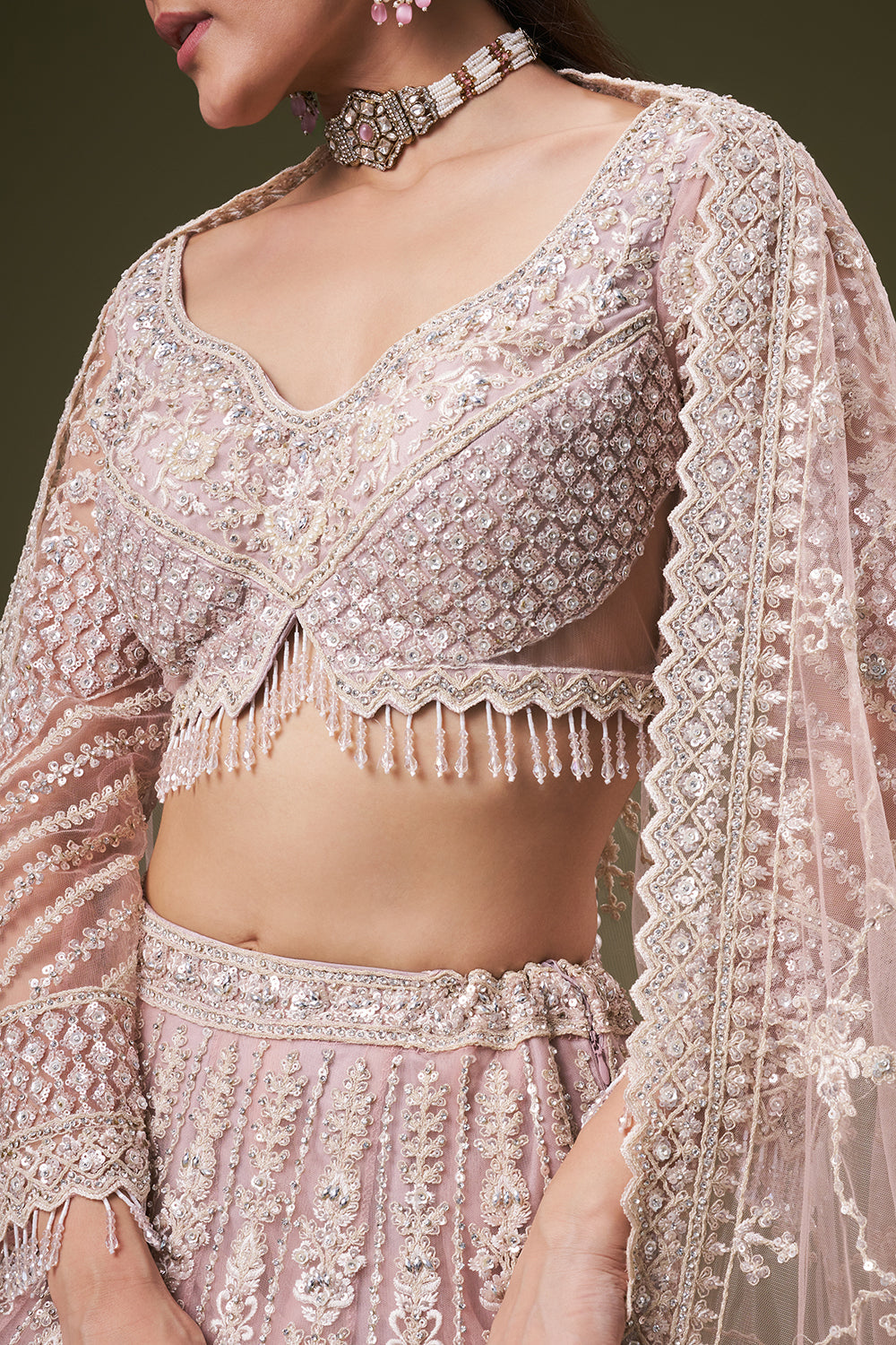 Powder Pink Tissue Bridesmaid Lehenga with Sequin and Resham Work