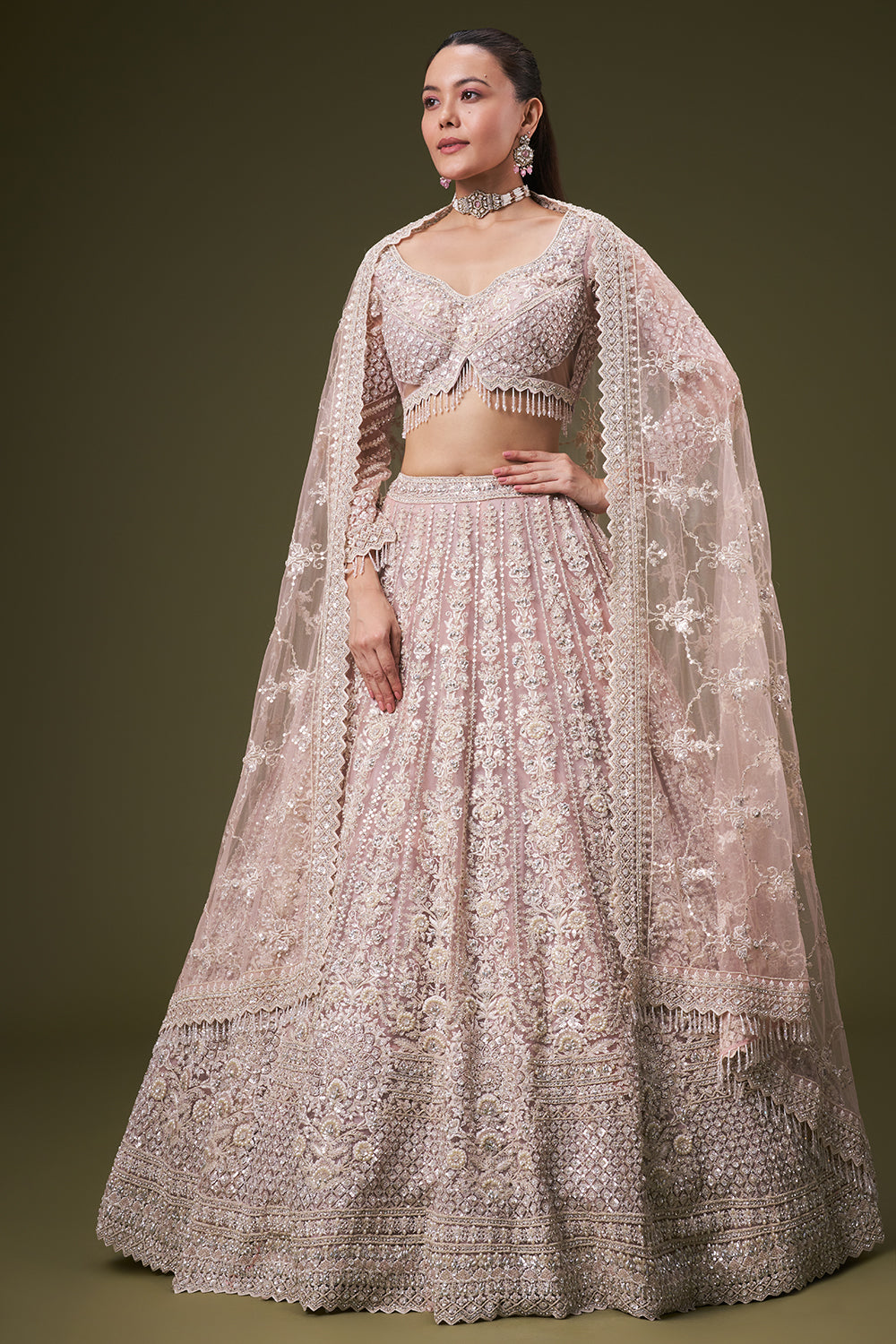 Powder Pink Tissue Bridesmaid Lehenga with Sequin and Resham Work