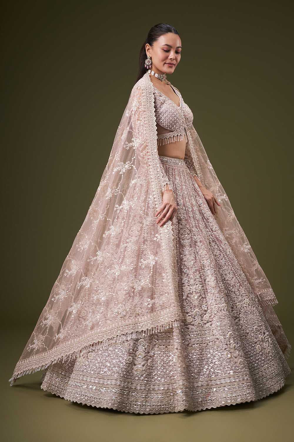 Powder Pink Tissue Bridesmaid Lehenga with Sequin and Resham Work