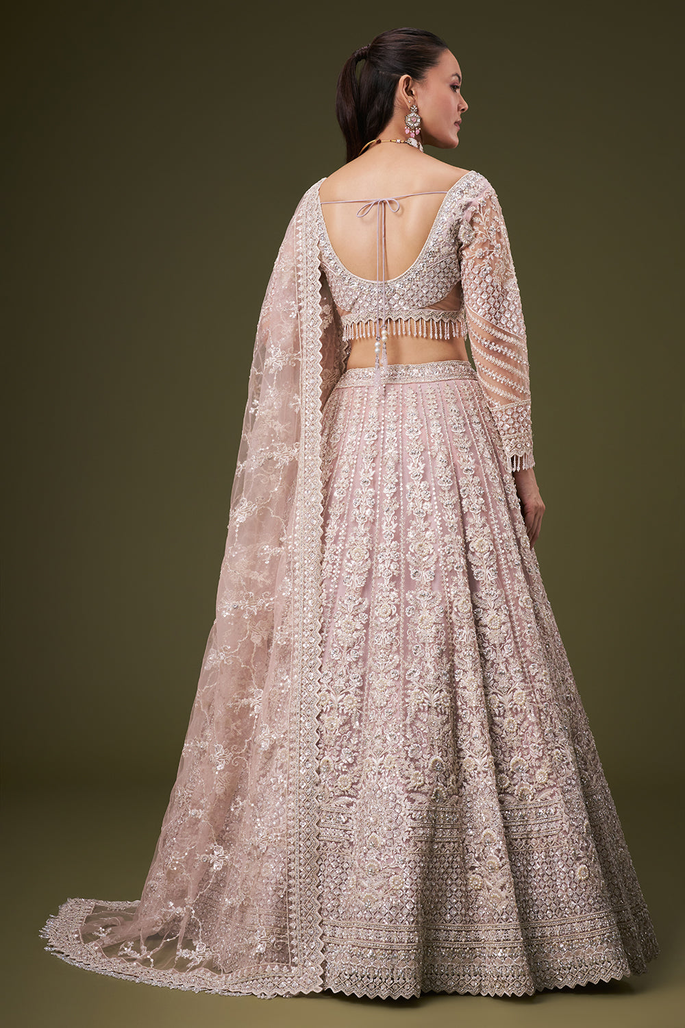 Powder Pink Tissue Bridesmaid Lehenga with Sequin and Resham Work