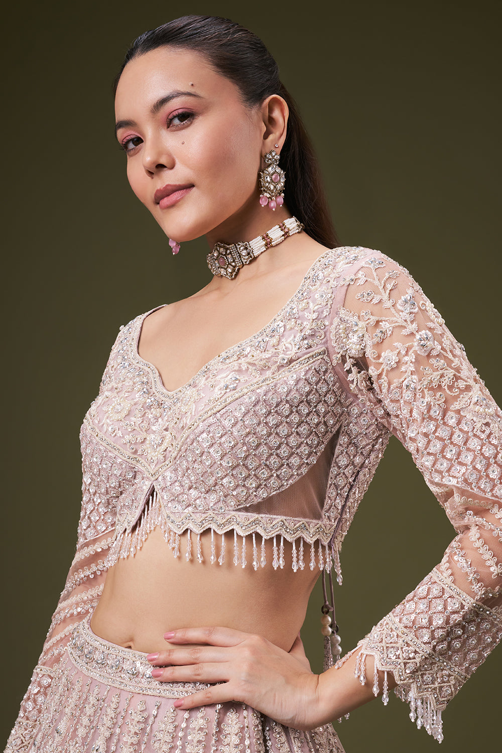 Powder Pink Tissue Bridesmaid Lehenga with Sequin and Resham Work