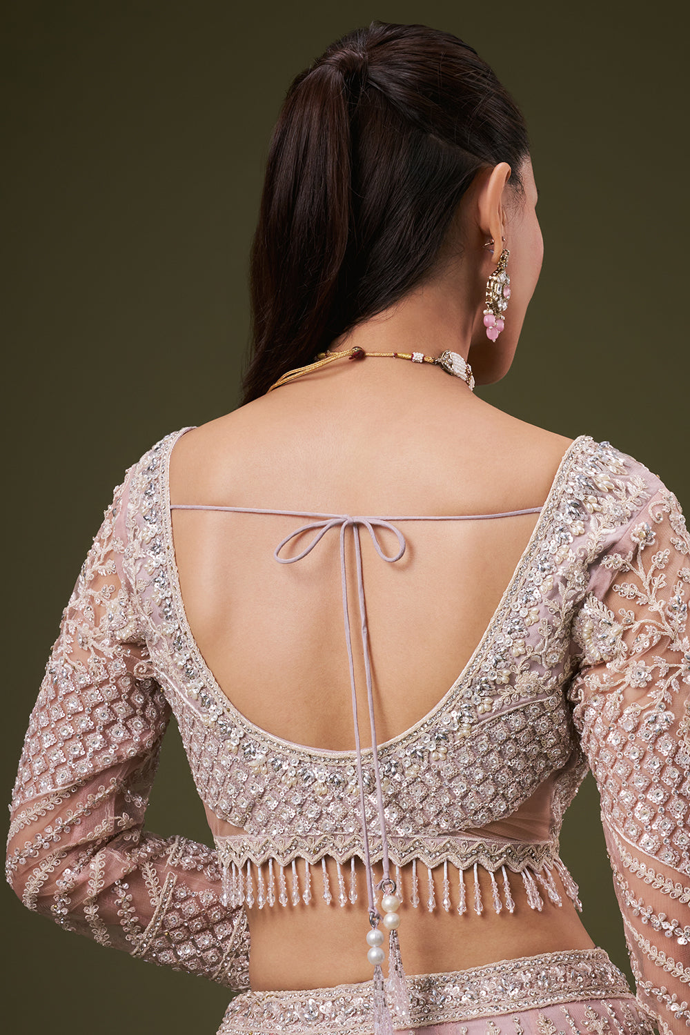 Powder Pink Tissue Bridesmaid Lehenga with Sequin and Resham Work
