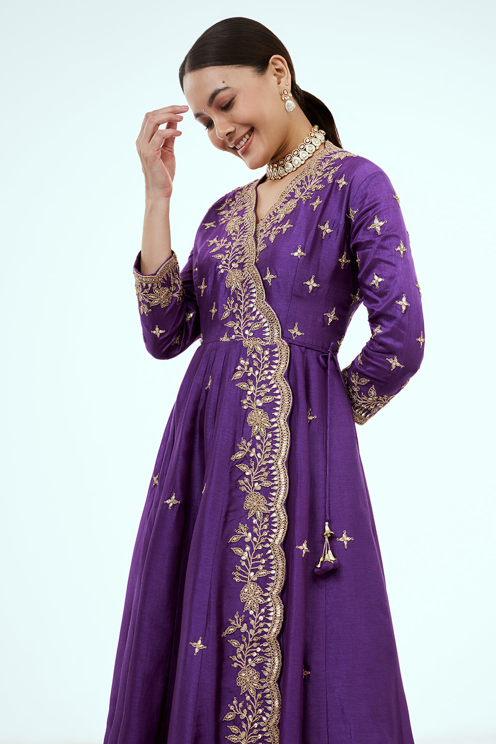 Purple Art Silk Angrakha Suit with Zardosi Work