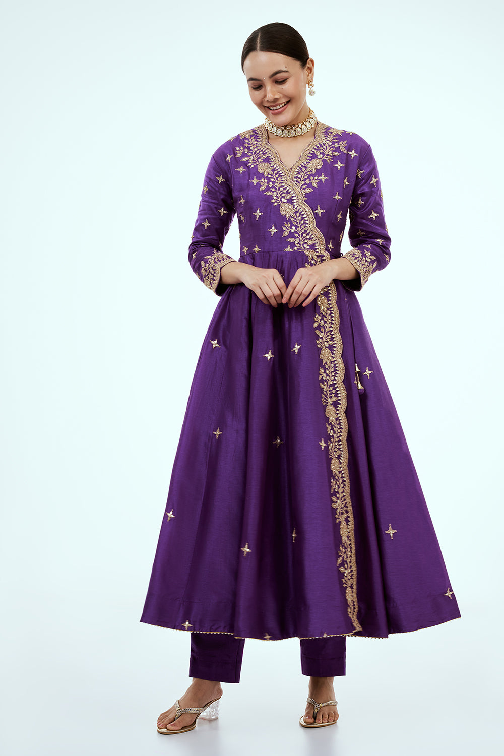 Purple Art Silk Angrakha Suit with Zardosi Work
