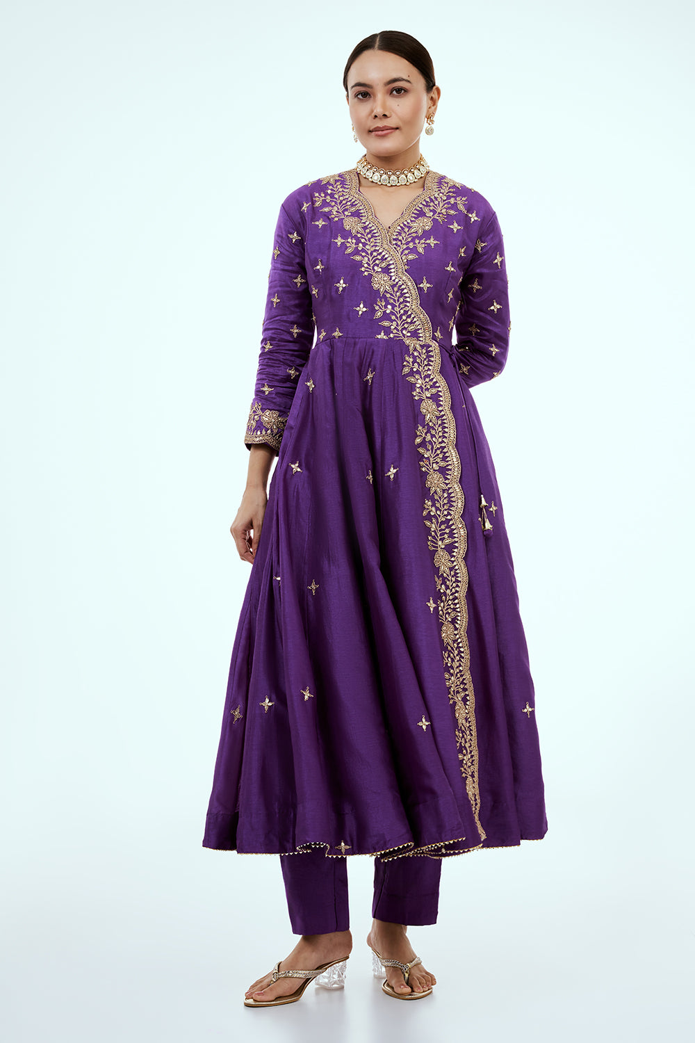 Purple Art Silk Angrakha Suit with Zardosi Work