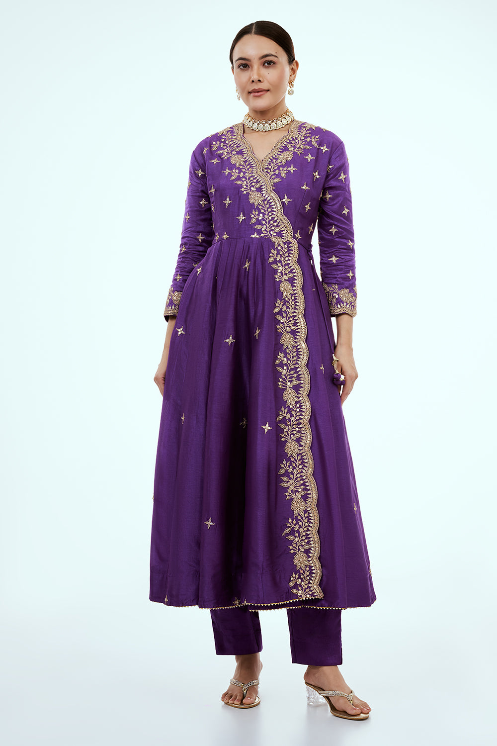 Purple Art Silk Angrakha Suit with Zardosi Work