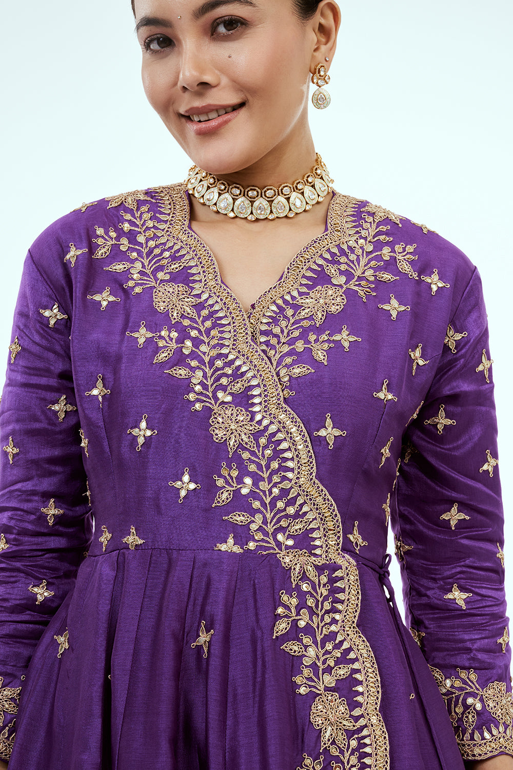 Purple Art Silk Angrakha Suit with Zardosi Work